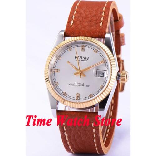 Parnis 36mm Mens Automatic Watch Japan Miyota 821A Movement Sapphire Glass Unisex Diamond Marks Leather Strap Screw In Crown