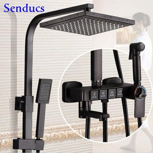 Black Shower Set Senducs Copper Bathtub Mixer Faucet Spa Rainfall Square Hand Shower Head Luxury Gold Thermostatic Shower System