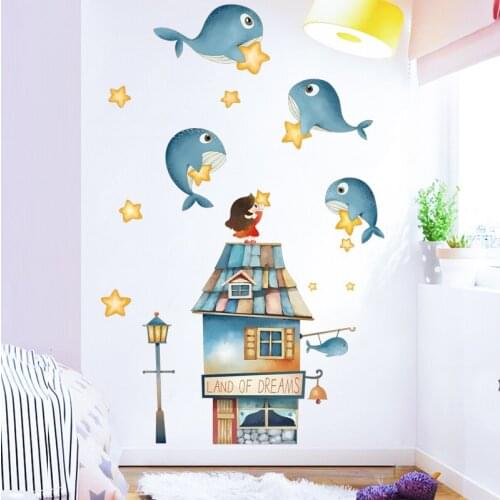 Baby Room Decor Wall Stickers for Kids Room Decorative Door Paste Wallpaper Self Adhesive Warm Bedroom Decor Dolphin Star Decals