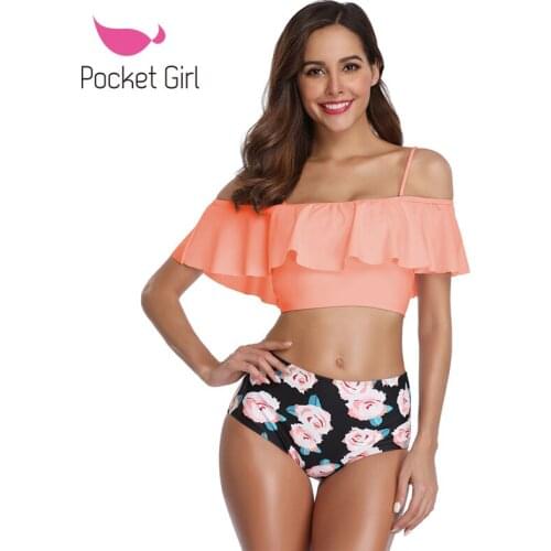Pocket Girl 2021 Swimsuit Bikini Women Bikini Set Swimsuit High Waist Lady Bathing Suit Frill Swimwear Beachwear Bathing Suit