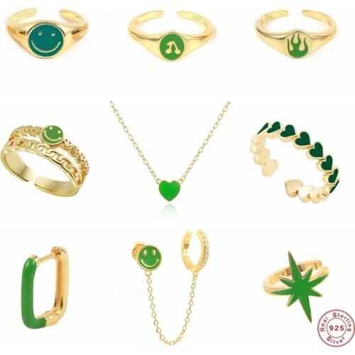 Aide 925 Sterling Silver Green Enamel Smile Face Rings Ear Cuffs Heart Pendant Necklace Smiley Chain Stud Earrings Jewelry Set