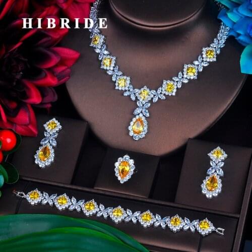 HIBRIDE Charm Yellow Cubic Zirconia Jewelry Sets For Women Bridal Wedding Sets 4 pcs Earring Necklace Ring Bracelet Gift N-391