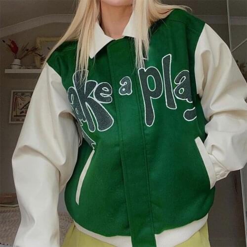Oversized Bomber Jacket ‘TAKE A PLAY’ Women Autumn Grass Green Contrast Sleeve Bomber Jacket Letter Applique Baseball Jacket