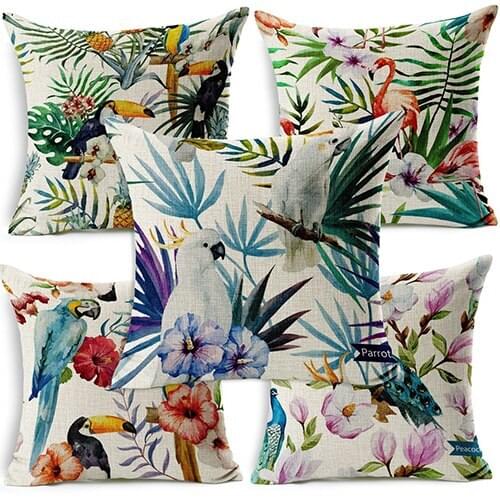 Square Soft Birds Print Linen Pillow Case Bed Home