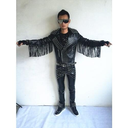 Mens Leather Jackets Rivets Faux Leather Motorcycle Leather Jackets Dj Rock Punk Tassel Band Singer Costume Hair Stylist Clothes