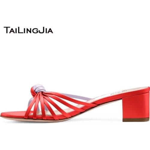 Chunky Heel Mules Sandals Knot Party Shoe Women Beautiful Design Red White PU Leather Block Heel Large Size Elegant Slip on Shoe