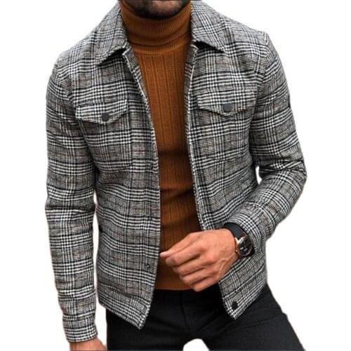 Autumn 2021 Fashion Korean Version Men/Youth Lapel Plaid Single-Breasted Pocket Casual Slim Jacket Vintage Gray Outerwear S-3XL