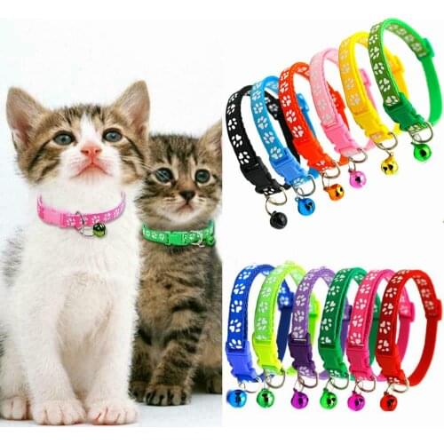 Pet Cat Collar Cute Paw Print Cat Bell Collar Adjustable Nylon Ribbon Collar for Cats Small Dogs Puppy Neck Strap 1.0cm 19-32cm
