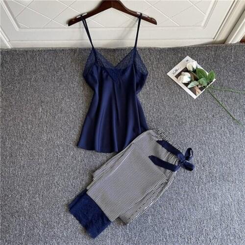 Sexy lace suspender pants set New vertical stripe pajamas for women Summer ice silk sleepwear two piece suit homeclothes nightie