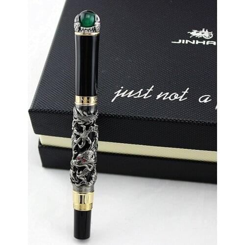 Luxury JinHao Embossed Dragon king Play Green Bead Fountain Pen 18KGP Medium Nib Gift Collection Pens