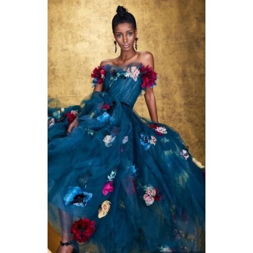 Garden Royal Blue Tulle Floral Women Dresses Off The Shoulder Ankle Length Formal Event Gowns 3D Flower Women Outfit