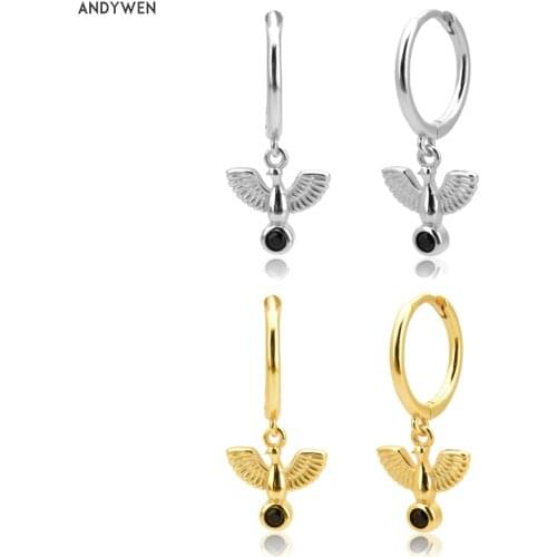 ANDYWEN 925 Sterling Silver White Dove Dangle Charm Drop Earring Black Zircon Luxury Circle Piercing CZ Animal Women Jewelry