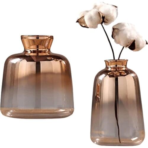 2Pcs Glass Vase Electroplated Gold Vase Glass Flower Vases for Home Decor Dried Flower Bottle - 11 x 9Cm & 14 x 9Cm