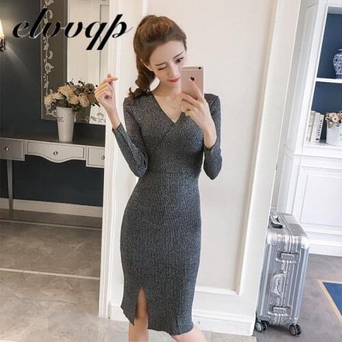 Knee-length Knitted Elasticity Autumn Women Dress Fashion Glitter Sweater Dress V-neck Sexy Split Rib Female Pullover Dresses
