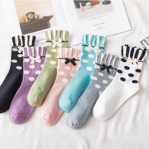 Yishine Winter Autumn 10 Pairs Bowknot Dot Pattern Cotton Fashion Women Casual Comfortable Cute Middle Socks for Girls