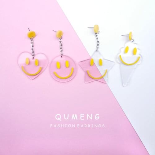 QUMENG 2020 Cartoon Figure Acrylic Earrings For Women Smiley Face Sexy Long Transparent smiley stud Earrings Jewelry Party Gifts