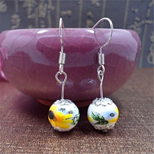 8SEASONS Trendy Chinese Style Drop Earrings Ceramics Flower Pattern Beads Ethnic Earrings For Women Jewelry Accessories,1 Pair
