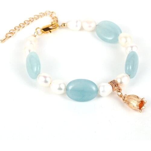 Women Natural Stone Oval Quartz Bracelet Pink White Purple Rice States Freshwater Pearls Beads Alloy Flower Charm Bangle Jewelry