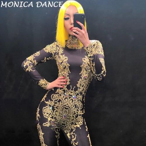 Women Yellow Printing Flowers Black Jumpsuit Sparkling Crystals Bodysuit Celebrate Stage Wear Costume Nightclub Birthday