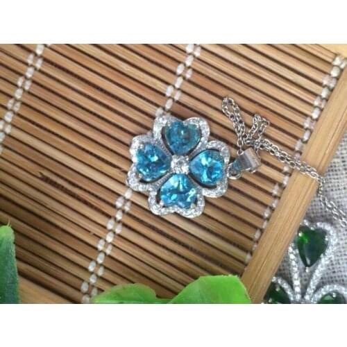 Natural blue topaz stone pendant S925 silver Natural Gemstone Pendant Necklace elegant Lovely Clover women fine jewelry