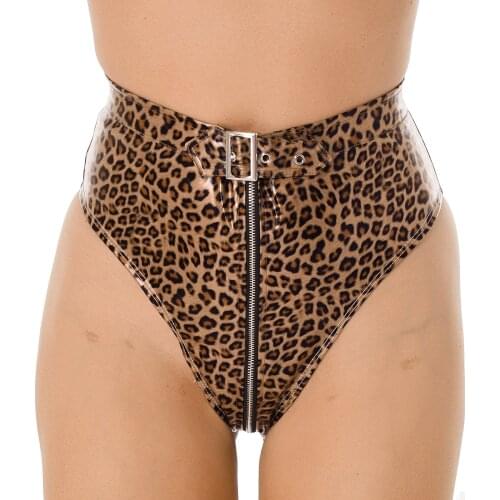 Iiniim Womens Lingerie Panties PVC High Cut Zippered with Belt Briefs Underwear Lady String Sexy Party Wetlook Pole Clubwear