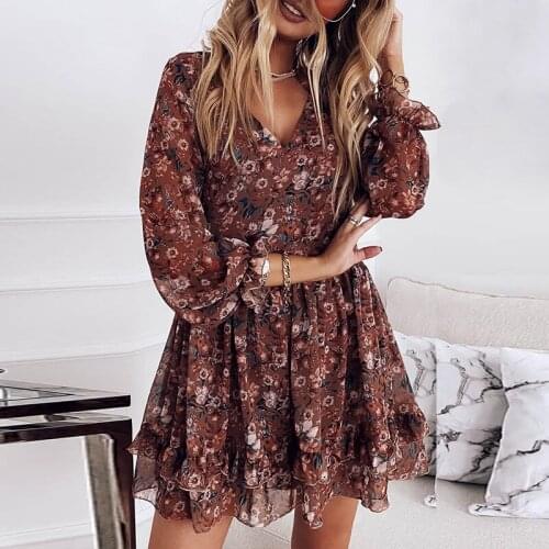 Women Spring Vintage V Neck Floral Dress Casual Long Sleeve Cascading Ruffles A Line Print Dress Female Chiffon Party Vestidos