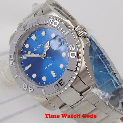 40mm Bliger Genuine NH35A Miyota8215 Automatic Mens Wristwatch Blue Dial Sapphire Date Display luminous marks rotating bezel