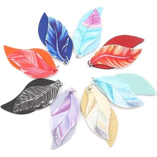 5 PCs PU Leather Pendants For Jewelry Making Leaf Mintgreen Feather Style Necklace Earrings DIY Charms 77mm x 34mm