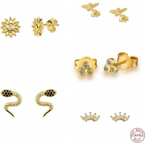 925 Sterling Silver Fine Earring Pendientes Dorados for Lovers' Couples Woman Bling CZ Piercing Stud Earrings Jewelry