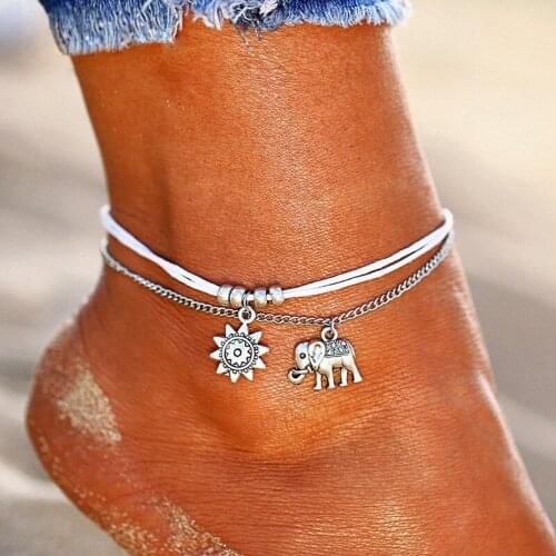Bohemian Fashion Double Layer Anklets for Women Vintage Star Elephant Pendent Anklet Summer Beach Foot Chain