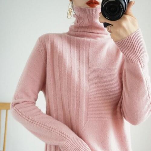 FRSEUCAG brand high-quality womens high-neck 100% wool sweater pure color knitted pullover cashmere sweater Soft and comfortabl