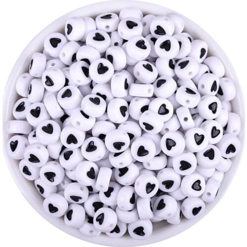 100Pcs White With Black Heart Acrylic Alphabet/Letter Round Beads Beads For Jewelry Making 4x7mm