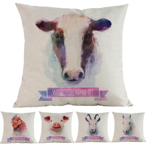 Watercolor Style Animals Collection Cow Horse Sheep Chicken Beige Linen Throw Pillow Case Home Sofa Decorative Cushion Covers