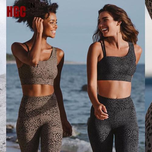 HGC Yoga Set Elastic Womens Sport Leggings And Top Push-up Fitness Suit Bra Pants Gym Running Leopard Print Sexy Workout Clothes