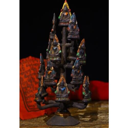 8"Tibet Temple Collection Old Bronze Tracing Shakyamuni Buddha Ten Thousand Buddhas pagoda Buddha tree Town House Exorcism