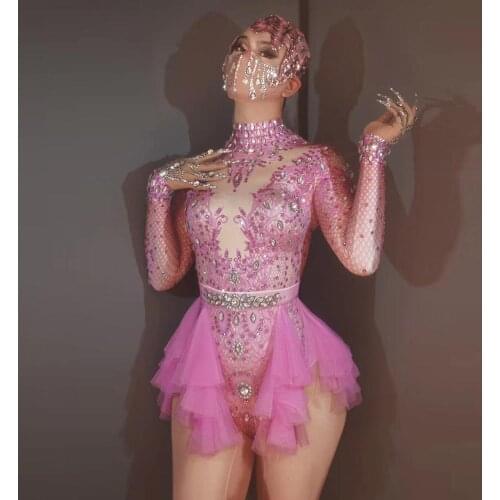 Pink Rhinestone Long Sleeves Bodysuit for Women Birthday Celebrate Prom Outfit Woman Dancer Singer Party Show Outfit