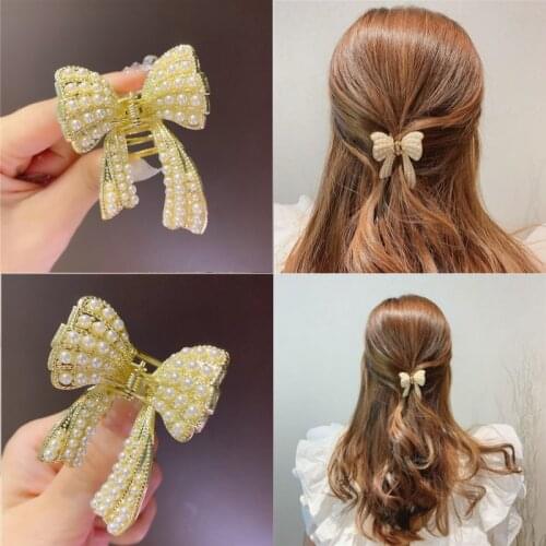 Korean Simple Temperament Pearl Bow Hair Claw Clip Womans Delicate Hairpin Girl Sweet Ponytail Clips Barrette Hair Accessories