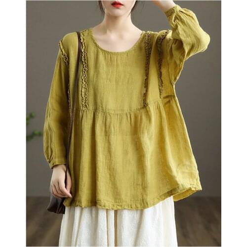 Lamtrip Retro Ruffles Sweet O-Neck Long Sleeve Pullover Shirt Blouse 2021 New Summer