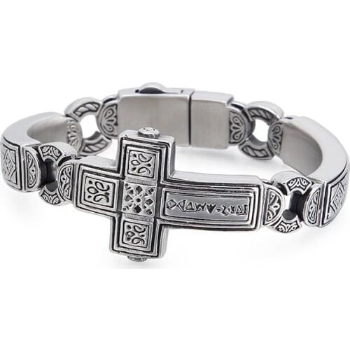 HAOLYNJOY Christian Big Cross Charm Bracelets Men 20cm Stainless Steel Mysterious Symbol Bangle Prayer Amulet Jewelry