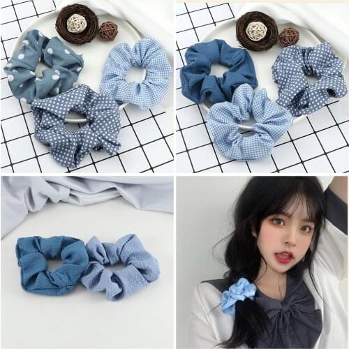 3Pcs Sweet Blue Series Romantic Hair Rope Striped Printed Mesh Scrunchie Women Girl Handmade Elastic Wavelet Point Silk Hair Tie