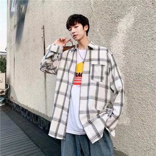 High quality Casual Mens Shirts Fashion Lattice Mens Dress Shirts Street Wear Harajuku Long Sleeve Plaid Shirt Men