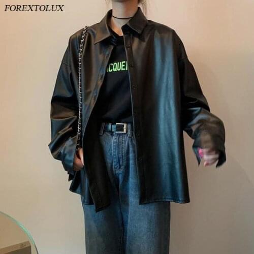 Oversize Soft PU Leather Shirts Women Button Closure Black Artificial Leather Bright Tops Loose Teenage Girls Cool Outerwear New