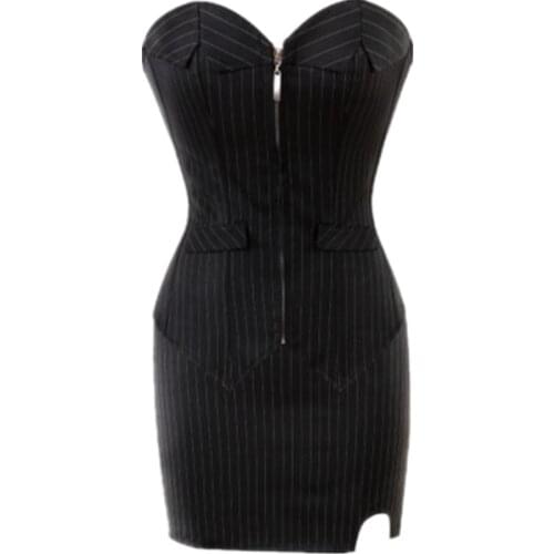 Sexy Black Pinstripe Overbust Corset Tops And Skirt Bustier Office Lady Zip Lace Up Costume Plus Sizs Corset Dress Suit
