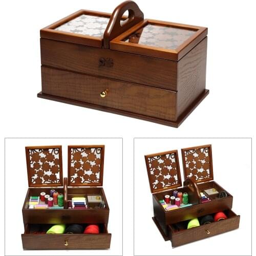 Vintage Wooden Sewing Basket Fabric Bundle Sewing Kit Storage Box Organizer Case