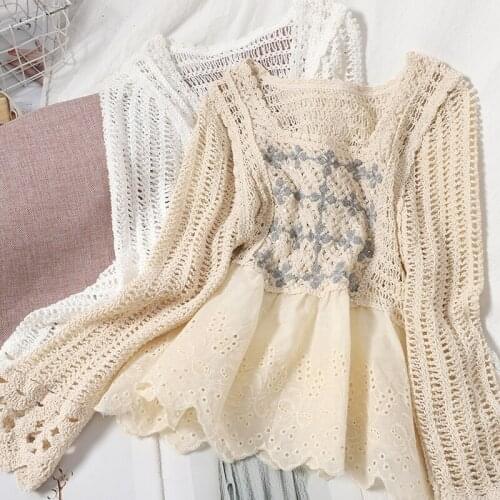 Winter Style Cut-off Color Contrast Crochet Stitching Hollow Square Collar Knitted Top Versatile Thin Korean Lace Sweater