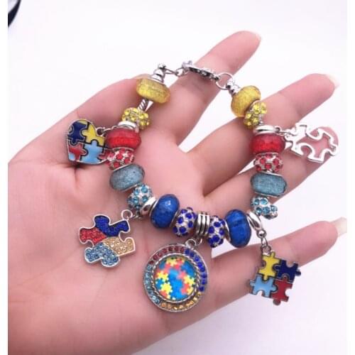 High Quality Different Style Enamel Autism Awareness Jigsaw Puzzle Piece Charm Bracelets & Bangle For Man Woman 1pcs/lot