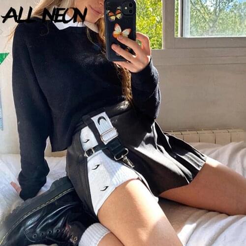 ALLNeon Y2K Fashion Patchwork A-line Mini Skirts E-girl Outfit Printing Slit High Waist Black Skorts Punk Style Bottoms Autumn
