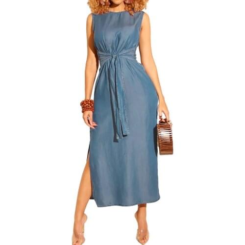 Women Sleeveless Summer Denim Dress Sexy Elegant Straight Casual Jean Dress Ladies Mid-calf Split Side Maxi Dresses with Belt