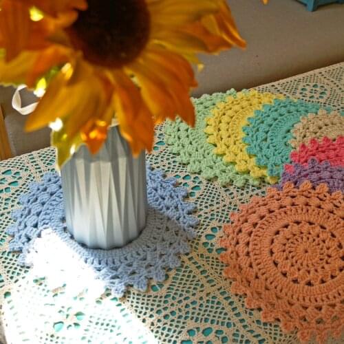 8pcs Handmade Crochet 25cm solid Round Doilies Japanese Tea Ceremony Ancient Round Tea Screen Saucer Macarone color Plate