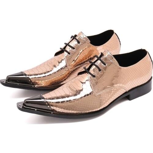 Shiny Snakeskin Grain Patent Leather Man Lace Up Party Shoes Plus Size Metal Pointed Toe Mens Flats Shoes Wedding Prom Men Shoe